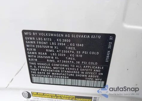 2012 Volkswagen Touareg Vr6 Sport from USA, damaged, VIN WVGEF9BP8CD008584